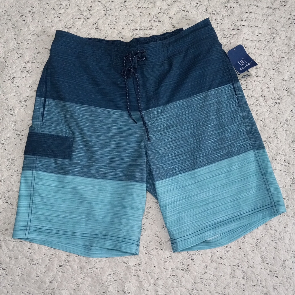 George Men's Navy to Aqua Gradient Stripe Board Shorts Quick Dry Size M 32-34
